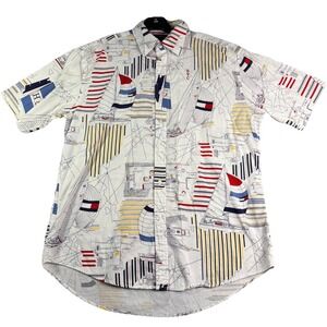 Tommy Hilfiger Shirt Men's M Sailing Button Up Nautical Boat Ocean White VGT